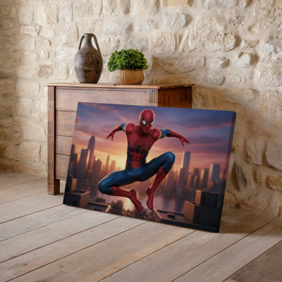 Canvas A Dynamic Superhero Figure In A Vibrant Red And Blue Wall Art Costume Striking An Action Pose Mid Leap Against A Stunning Canvas Wall Art