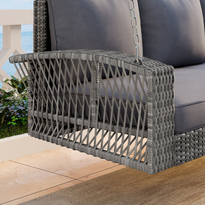 PE Wicker 3-Person Porch Swing Large Patio Swing Bench with Cushions for Backyard, Gray