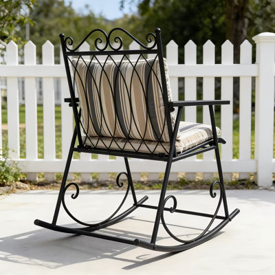 Outdoor Wrought Iron Rocking Chair, Heavy Duty Patio Rocker Chair with Armrests, All Weather Porch Rocking Chair for Garden Backyard Lawn