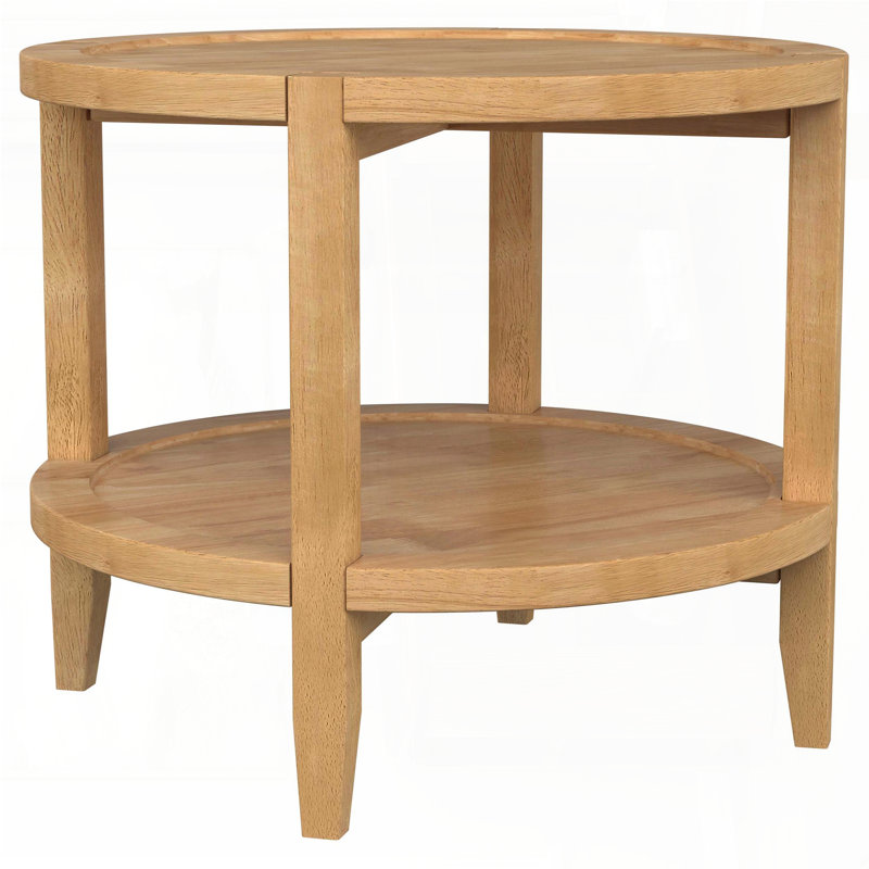 Round Solid Wood End Table with Lower Shelf - Maple Brown Finish, Modern Farmhouse Design