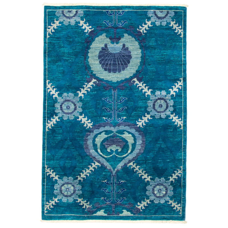 Tapis turquoise en laine noué à la main Deluna, Rectangle 4 pi x 6 pi