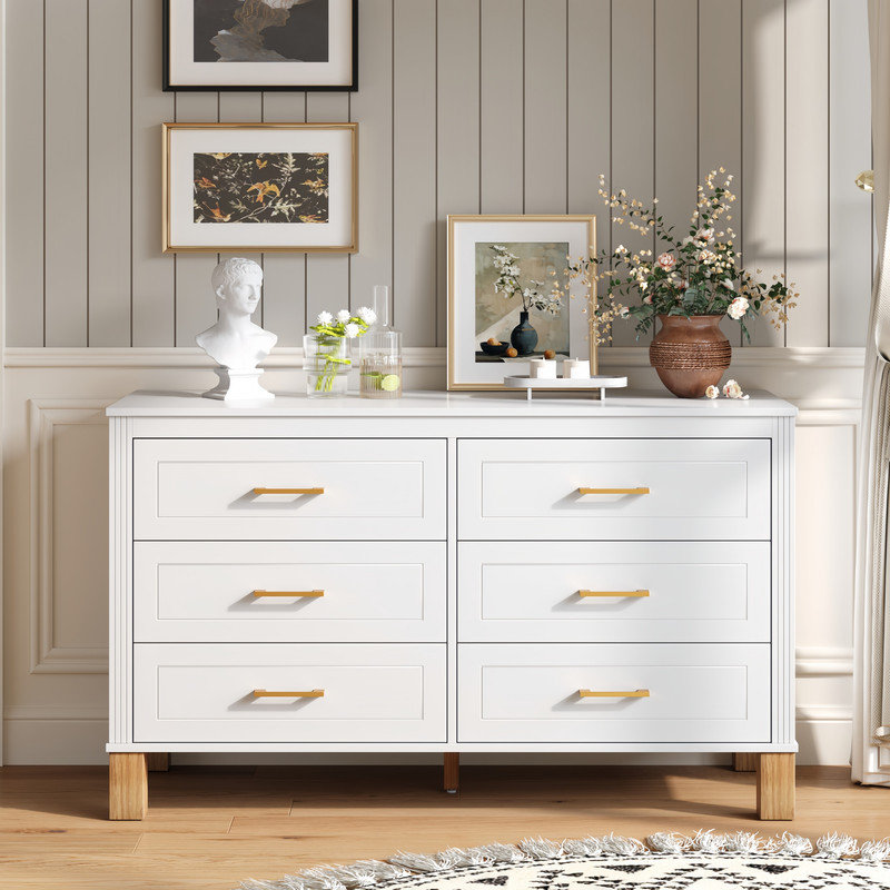 Commode double 6 tiroirs avec poignées en métal et pieds en bois massif, Blanc