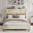 Charging Station Platform Bed for Bedroom, Soft Beige Metal and Wood Queen Size Frame No Box Spring Needed