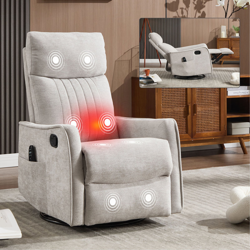 Heat Massage Manual Recliner Chair With Rocker And Swivel In Fabric For Living Room, Light Gray