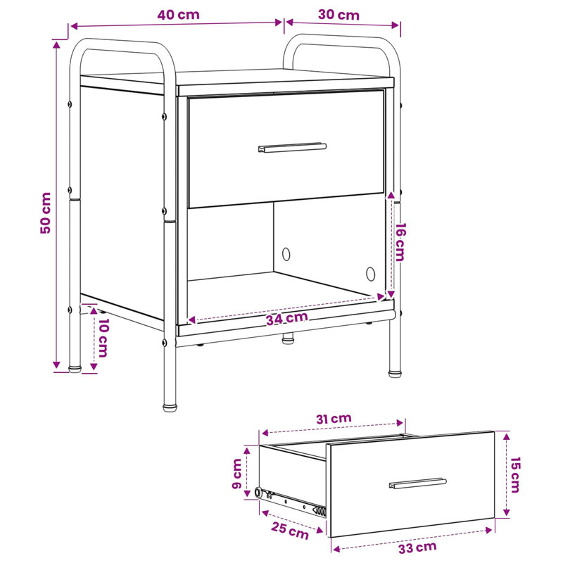 40 cm W Galvanised Steel Bedside Table, Artisan Oak