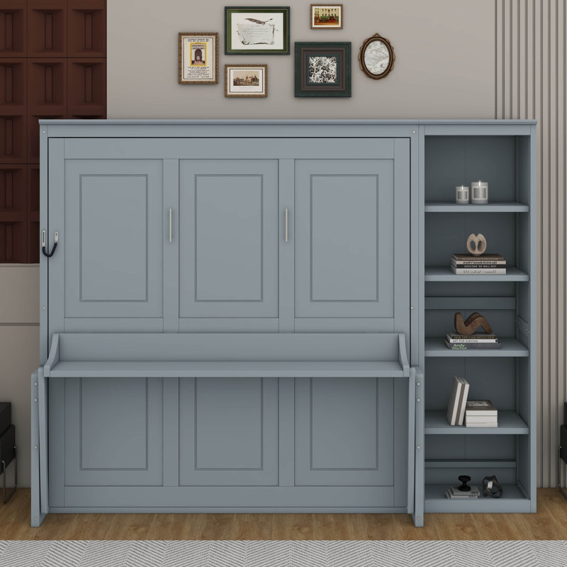 Grand lit escamotable avec bureau et bibliothèque, Gris, Grand lit