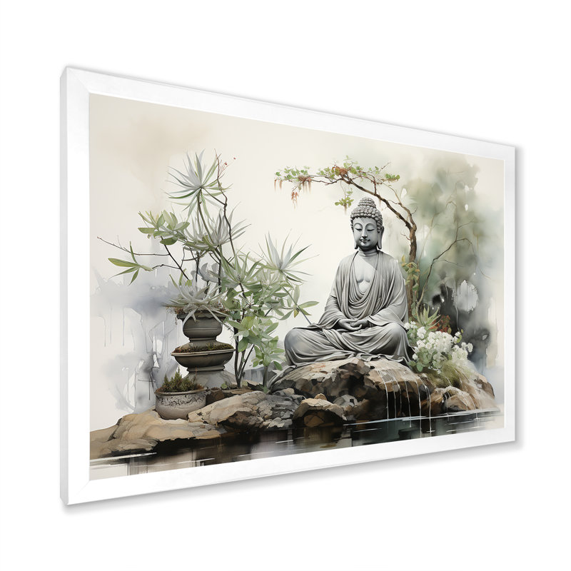 Zen Garden I - Buddhism, reproduction d'art sur toile encadrée, H 34 po x l 44 po x P 1,5 po, Cadre blanc