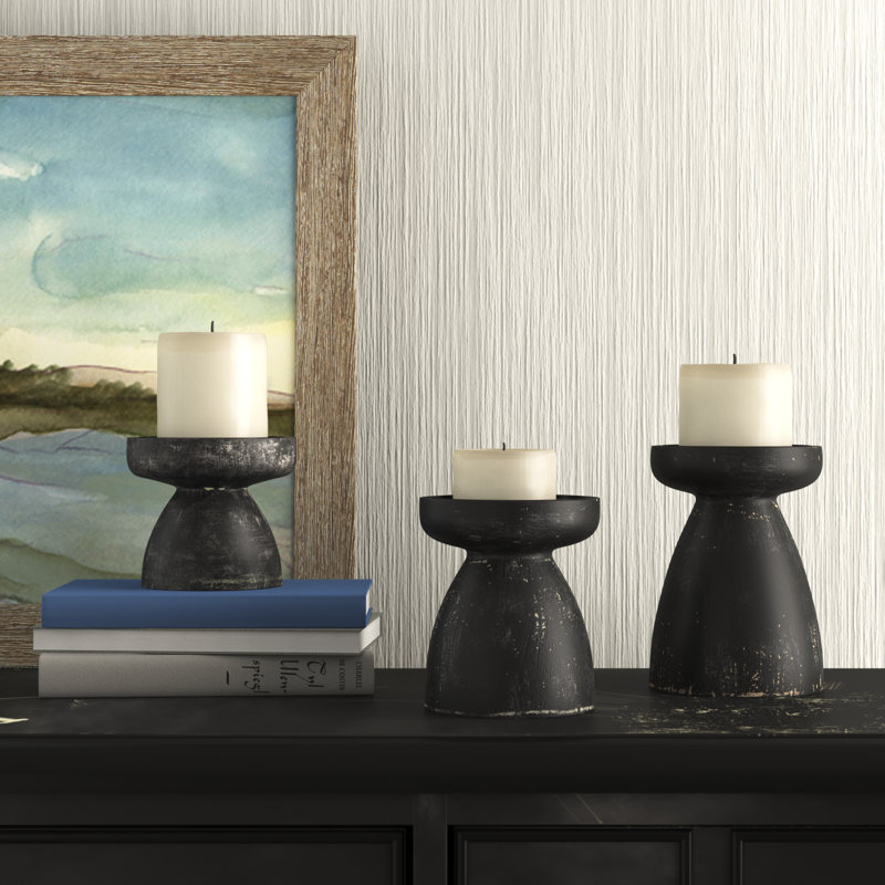 3 Piece Wood Tabletop Candlestick Set, Black