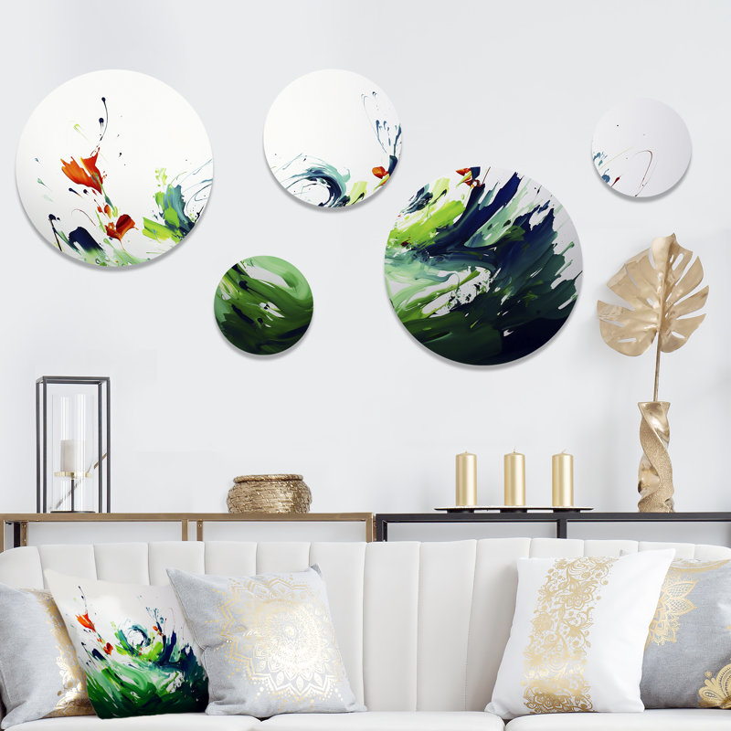 «Green and White Abstract Ink Expression I», ensemble d'art mural abstrait rond de 5