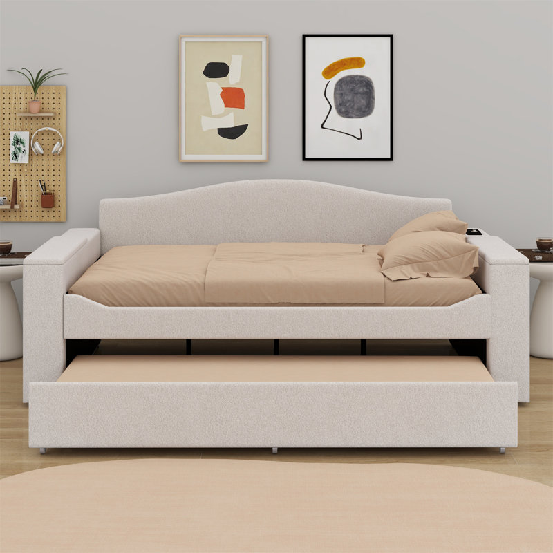 Everlina Full Size Upholstered Daybed with Storage Armrests, Trundle, Beige