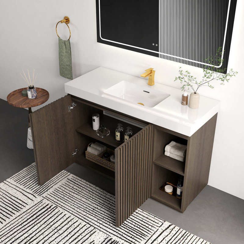 Meuble-lavabo moderne en chêne fumé avec grand rangement et lavabo à quartz intégré, Chêne fumé