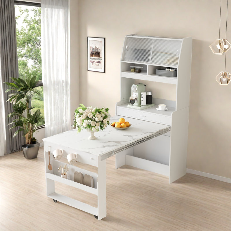 Buffet With Hutch And Foldable Dining Table, Storage Shelves, Side Hooks And A Cabinet With Sliding Doors