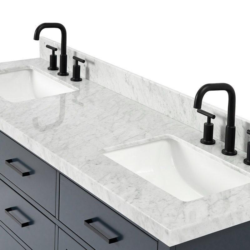 Thornaby 66'' Solid Wood Double Bathroom Vanity with 1.5'' Carrara Marble Top, Midnight Blue / Matte Black, Rectangular