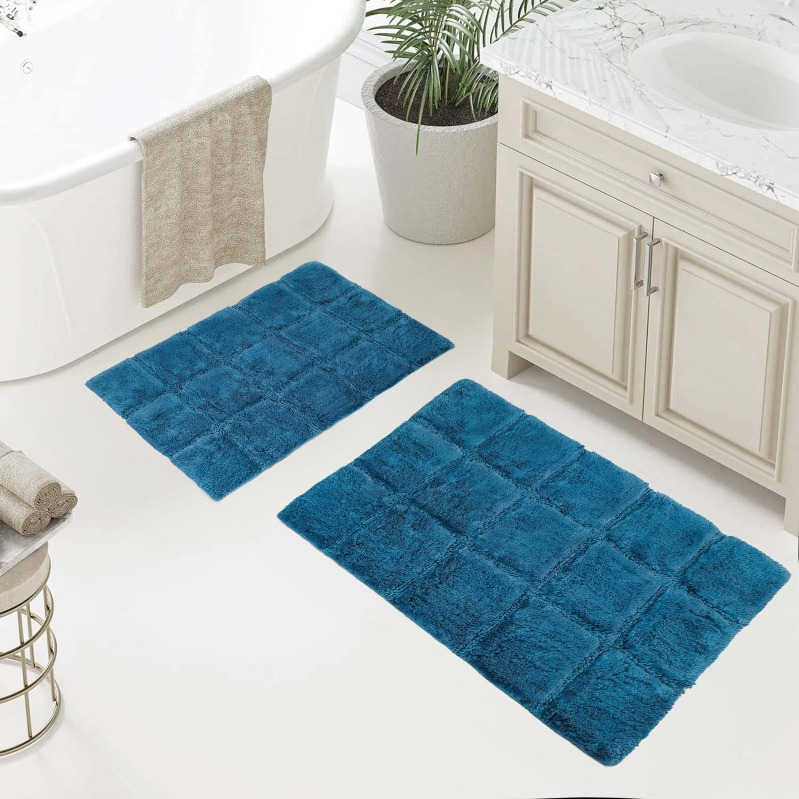 Checkered Cotton Bath Rug, Checkers Sapphire