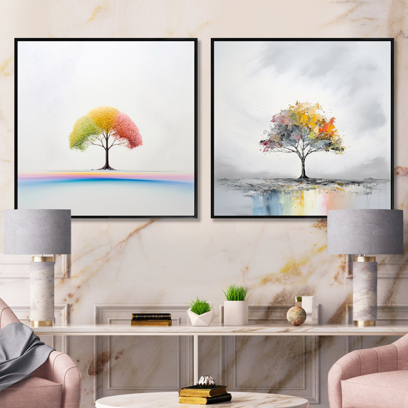 Minimalisme arc-en-ciel arbre de répit - ensemble de 2 collages carrés minimalisme, Cadre flottant noir, H 16 po x l 33 po