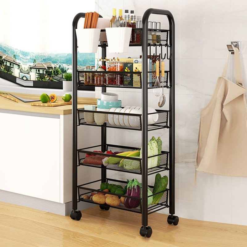 Panier de rangement pour fruits et légumes, panier de rangement empilable en métal à 5 niveaux avec roulettes à 360 degrés, panier de rangement pour fruits et légumes pour la cuisine, le garde-manger et la salle de bain