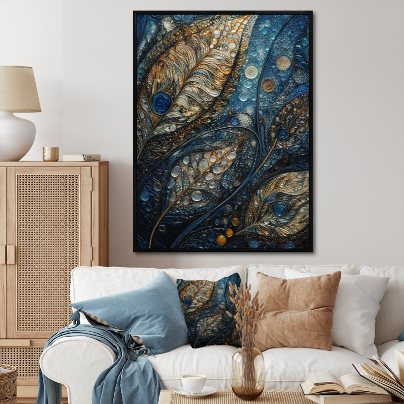 Shoreham Blue and Gold Melody Of Boho III sur toile, H 20 po x l 12 po x P 1 po, Cadre flottant noir