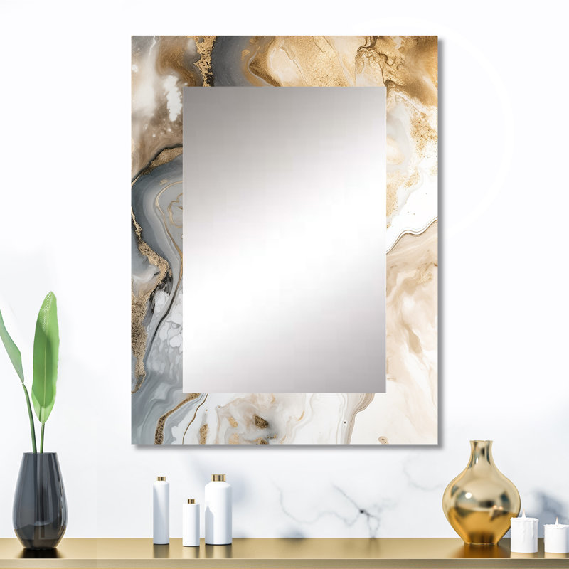 Gold And Grey A Marble Effect V - Marble Decorative Mirror, Modern Wall Mirror, Printed Metal Art, 32" x 24"