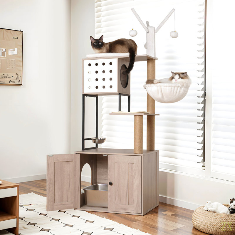 Arbre à chat avec bac à litière - maisonnette pour chat moderne avec poteaux à griffer, bol d'alimentation et bâtons de pompons amovibles