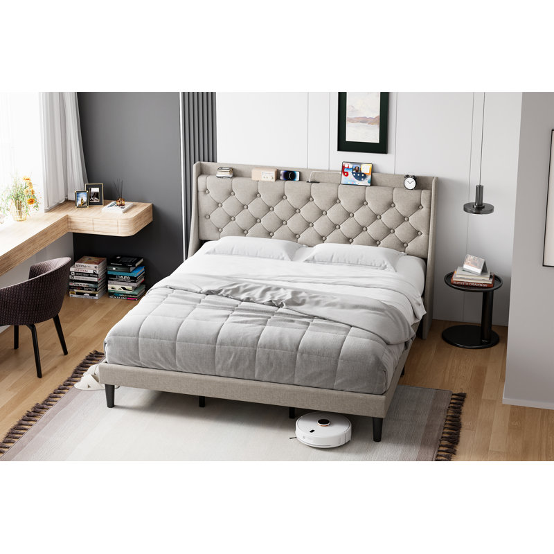 Bed Frame With Charging Station And Wingback Headboard  Button-tufted Upholstered Platform Bed With Storage Headboard, No Box Spring Needed, Noise-free, Easy Assembly (grey)