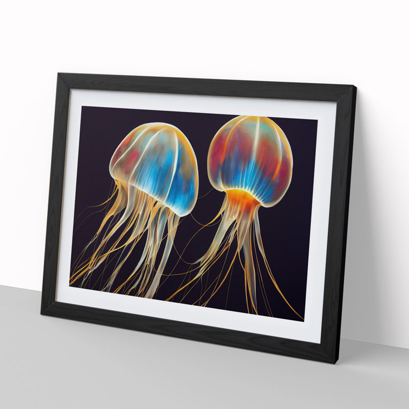 Jellyfish Painted - Single Picture Frame Print, Black Framed, 46cm H x 64cm W x 2cm D