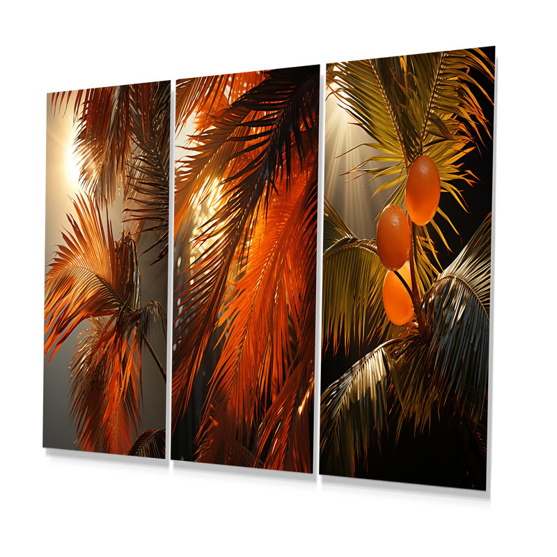 Coucher de soleil tropical, feuilles de palmier - palmiers et palmiers, ensemble de 3 pièces murales en métal, 32" H x 48" W