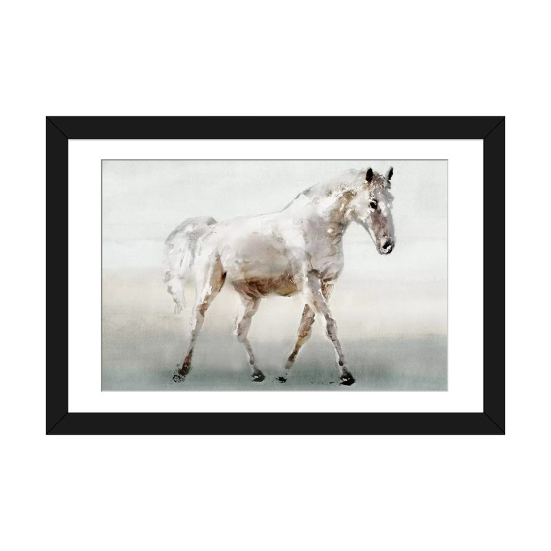 «White Horse», impression sur toile, H 16 po x l 24 po x P 1 po, Papier d'art encadré noir, Blanc