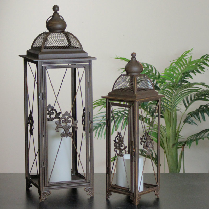 Lanterne porte-bougie fantaisie rouille Fleur-De-Lis