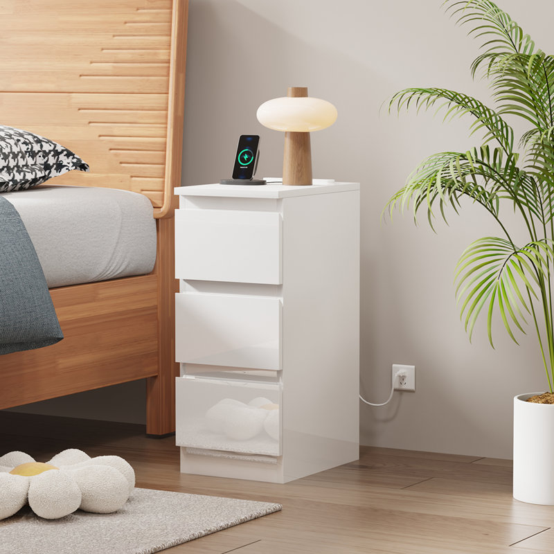 35cm W Solid Wood Bedside Table, High gloss white 3 drawers