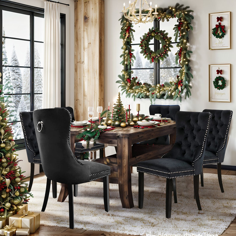 Chaises de salle à manger, chaise de salle à manger rembourrée haut de gamme avec anneau clouté, Noir, 6, Black
