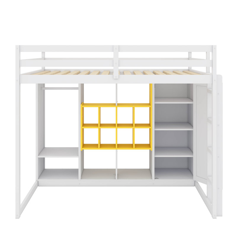 Lit mezzanine avec garde-robe intégré, tablettes, armoire et marches, Blanc / jaune, Double