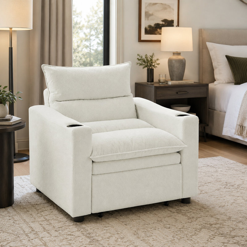 Fauteuil-lit convertible à 3 positions avec dossier réglable, porte-gobelets et coussin rembourré, Beige