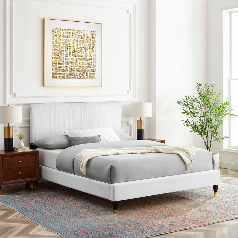 Peyton Performance Velvet Platform Bed, White, Queen