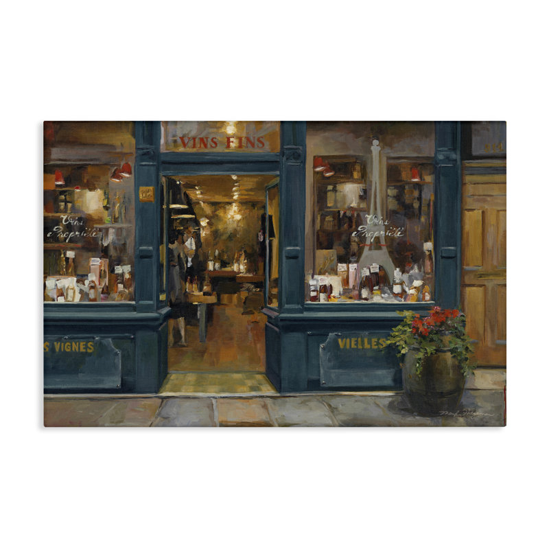 Art sur toile de magasin de vin parisien par Marilyn Hageman, H 30 po x l 45 po