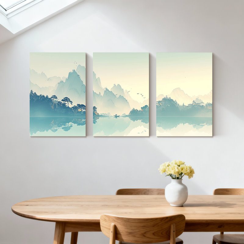 Paysage et nature montagne lac réflexion Misty Dawn arbres arbres ciel ensemble de 3 impressions sur toile, H 18 po x l 36 po