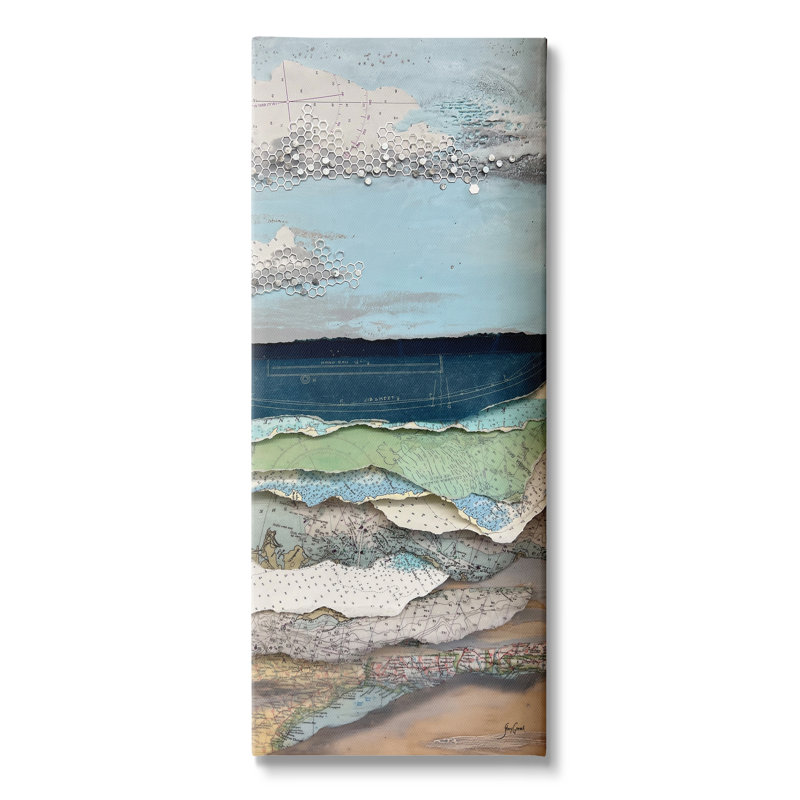 «Cloudy Beach Shore Landscape Layered Ephemera Collage» par Stacy Gresell - impression sur toile tendue