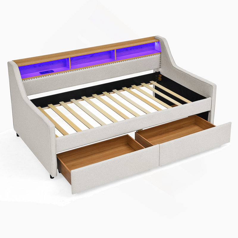 Twin Size Upholstery Sofa Bed With Three LED Lights, With Storage Adjustable Headboard, Beige