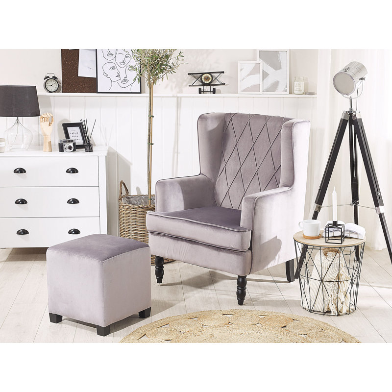 Richburg Upholstered Wingback Chair with Footstool, Grey