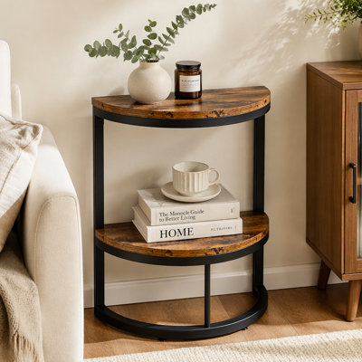 Slim Half Moon 2-Tier Semi-Circle End Table, 19.69" Rustic Brown Wooden Side Table with Storage Shelf for Small Spaces, Living Room, Bedroom, Easy Assembly