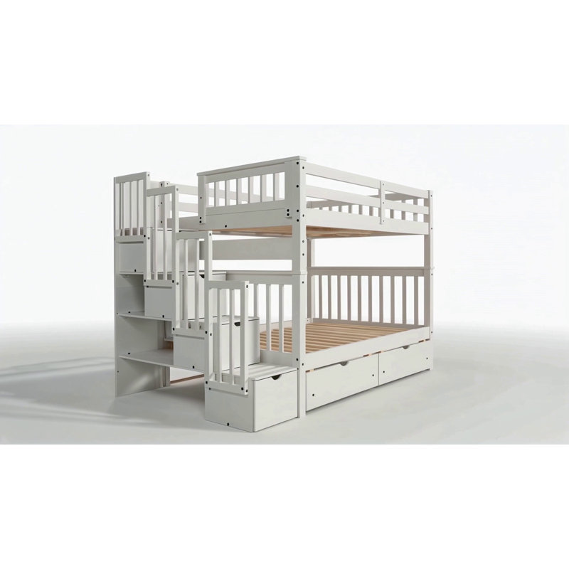 Lit superposé double au-dessus de double avec tablettes et 6 tiroirs de rangement, Blanc
