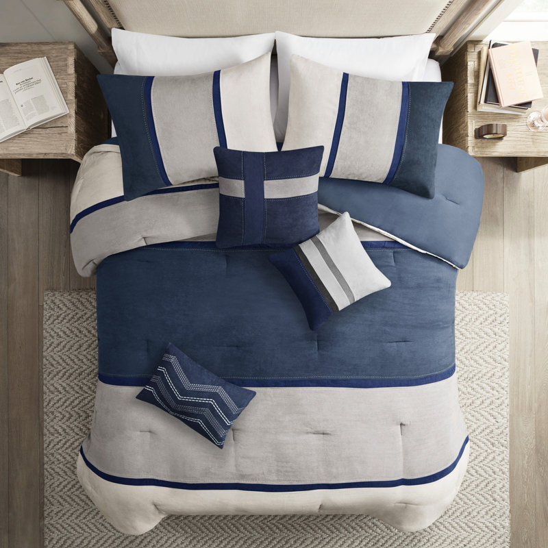 Ensemble de literie en faux suède 7 pièces - pour un édredon de style moderne, Blue, Queen Comforter + 6 Additional Pieces