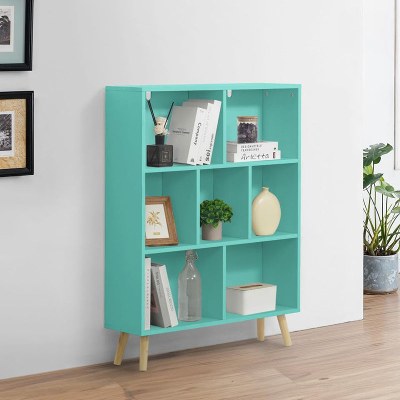 32-Inch Wide 7 Cube 3 Tier Wooden Bookshelf for Living Room, Bedroom, Office, Fiffany Green, Green