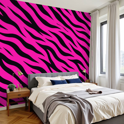 Papier peint adhésif à rayures zébrées roses audacieuses à motif abstrait noir H 69 po x l 96 po, papier peint amovible en PVC auto-adhésif pour chambre à coucher, bureau à domicile