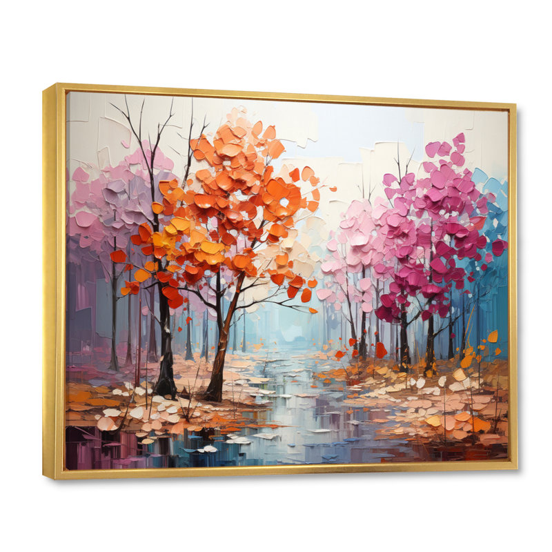 Orange Pink Neo Primal Forest Collage - Landscapes Canvas Wall Art, H 24 po x l 32 po x P 1 po, Cadre flottant doré