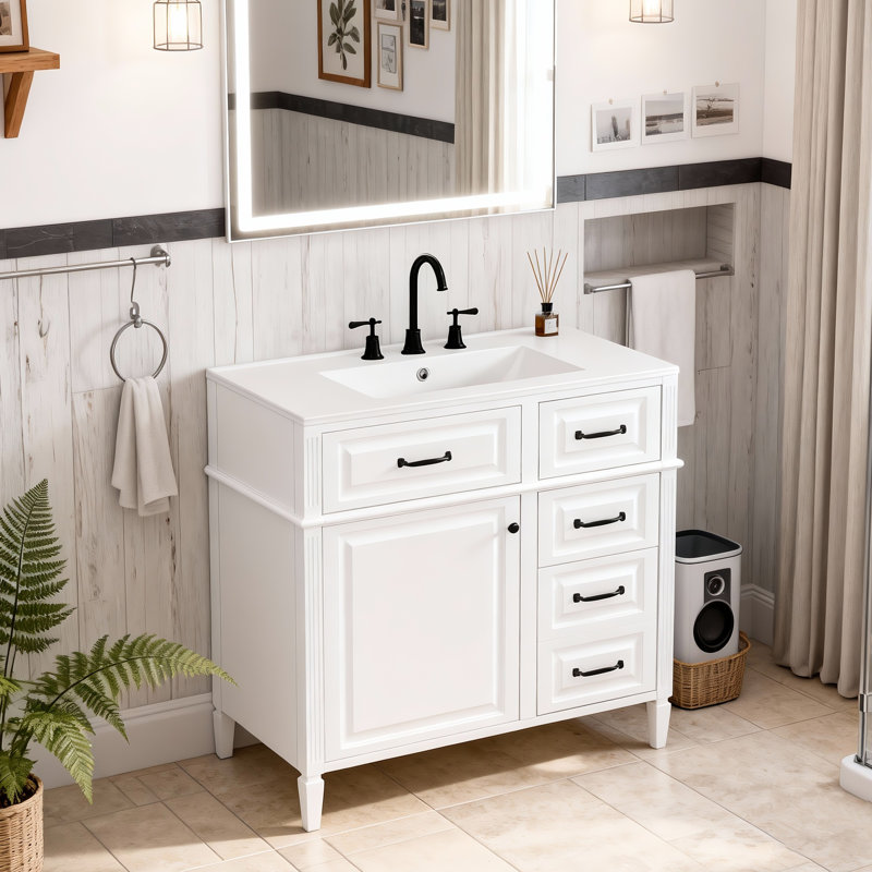 Meuble-lavabo autoportant 36 po - comptoir en céramique, structure en bois massif et armoire en MDF avec tiroir rabattable