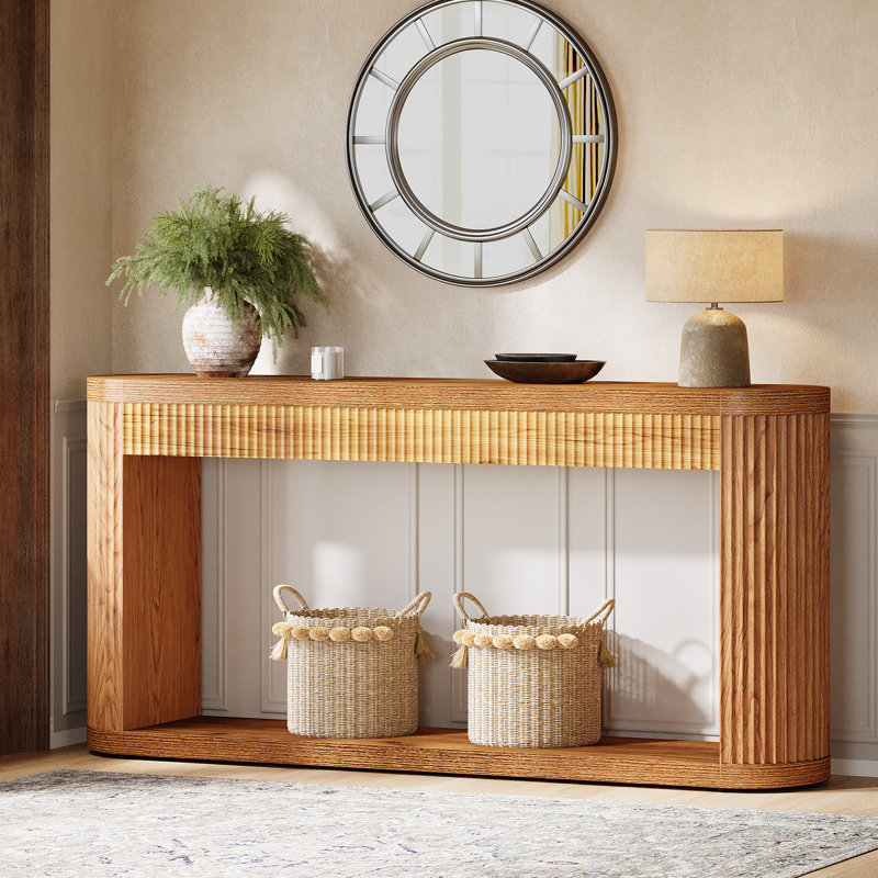 63" Oval Console Table For Entryway, Narrow Wood Entry Desk Behind Couch For Entrance, Hallway, Foyer, Brown
