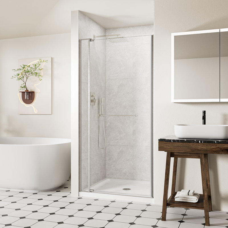 Porte de douche pivotante sans cadre l 32 à 36 po x H 72 po, verre trempé de 1/4 po (6 mm) et 5/16 po (8 mm), porte de douche battante avec barre à serviettes et butée anti-collision 105 °, finition chromée, réversible Installation