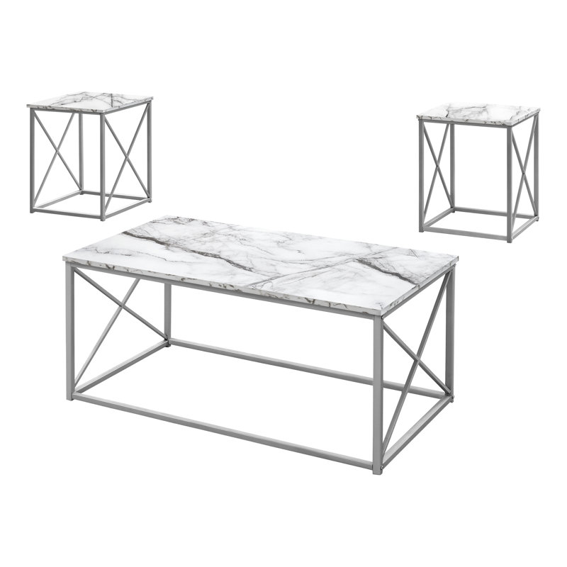 Table 3 pièces pour la chambre - tables basses et 2 tables de bout, aspect marbre blanc, 3 pièces en métal gris, aspect marbre