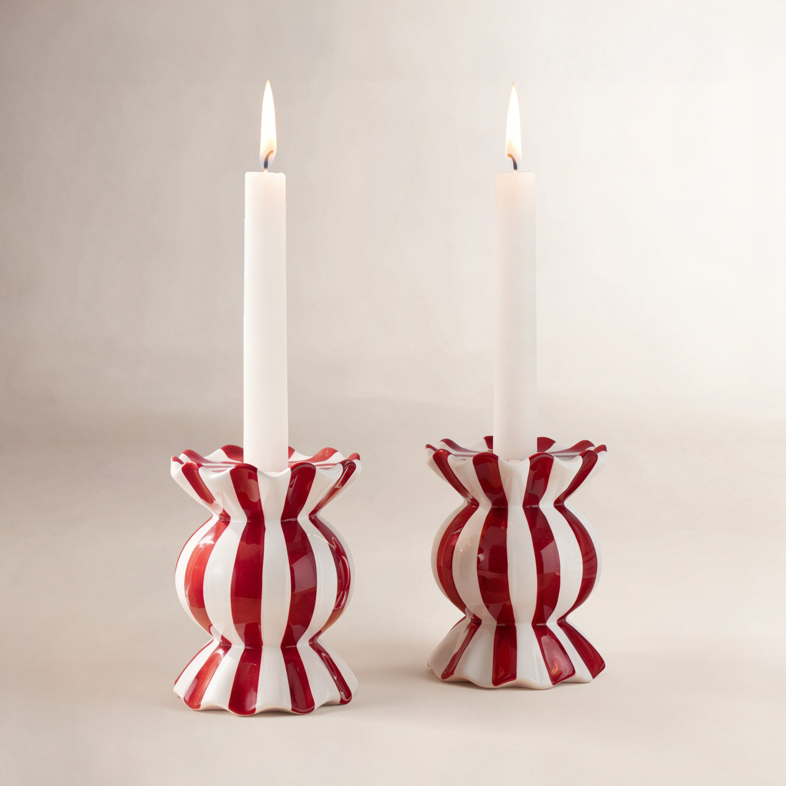 Red Stripe Ruffle Candlestick Holder, 4.13" H x 3.5" W x 3.5" D, Yes