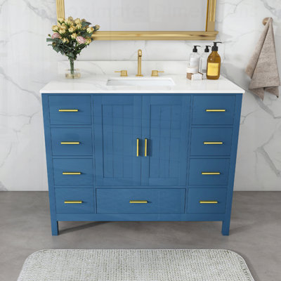 Meuble-lavabo moderne en bois massif avec lavabo, comptoir en quartz blanc Carrara avec 3 trous de robinet pré-percés, 2 portes doubles à fermeture douce et 9 tiroirs spacieux avec glissières